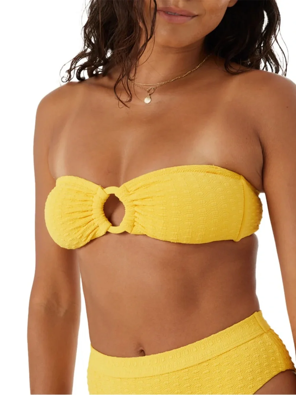 Roxy Yellow Textured Ring-Front Bandeau Bikini Set